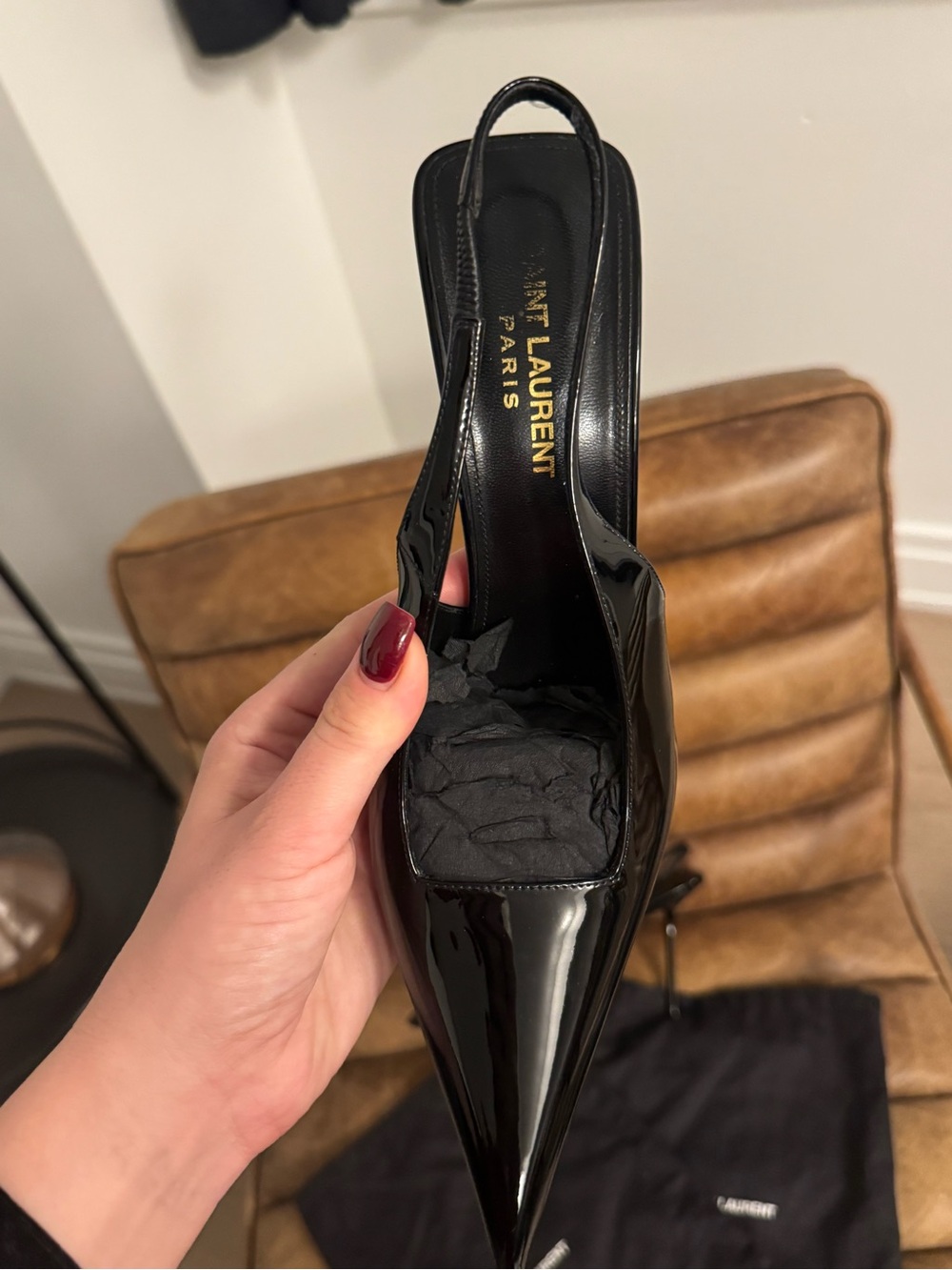 Saint Laurent Black Patent Leather Pointed Slingback Pumps - Picture 3 of 6